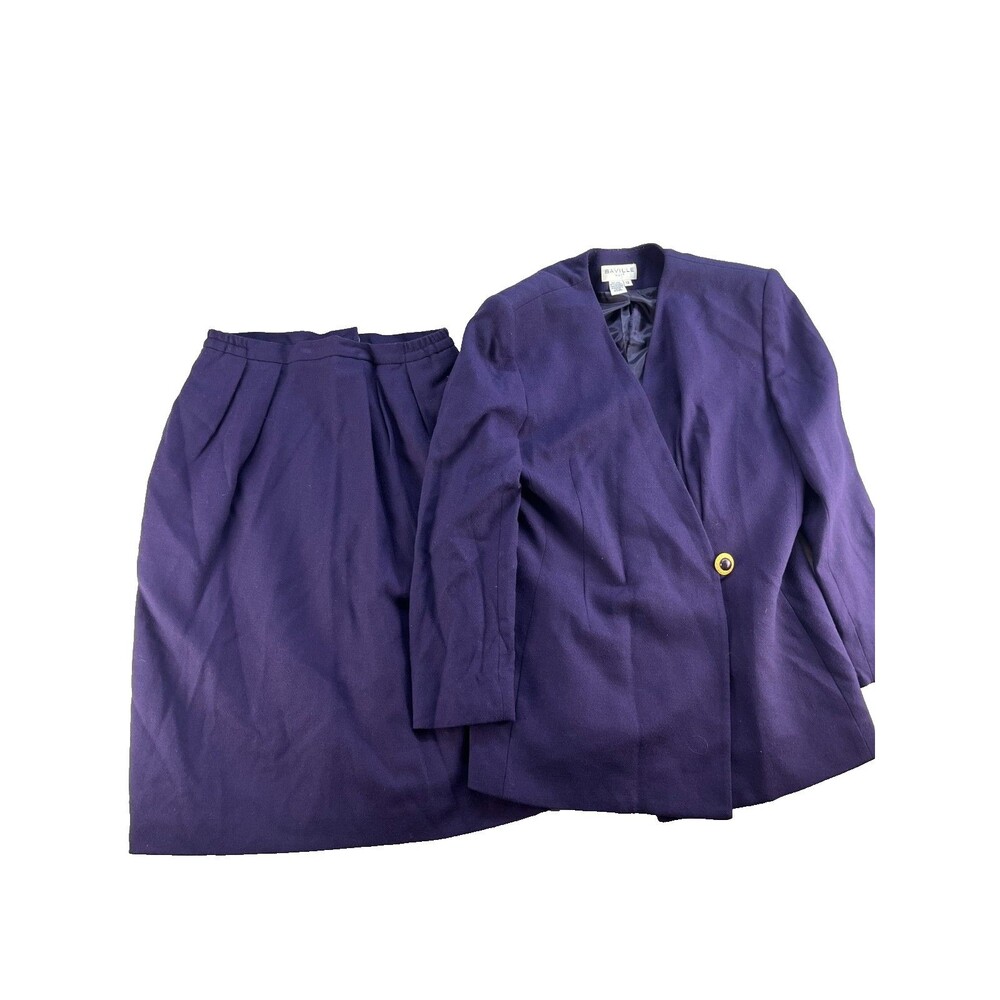Vtg Saville Women 2pc Skirt Suit Set Purple SZ 12 Wool Lined Wrap Blazer USA
